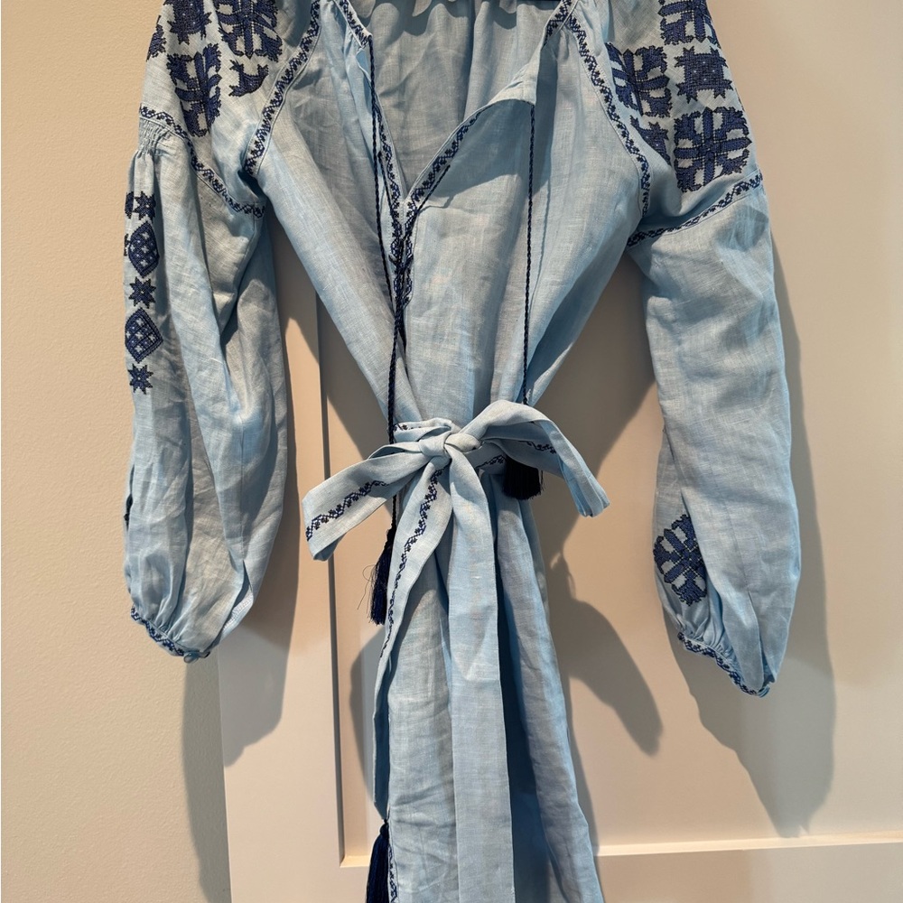 Custom Blue Linen Embroidered Women's Puff Sleeved Dress